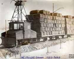 Ellok p� Stock�sbanan med fullastade vagnar med torv. - klicka f�r att f�rstora