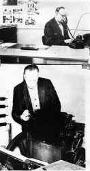 Edvin Lindholm talar i telefon i Nerikes Allehandas lokaler och Edvin vid tryckpress i Fjugesta tryckeri 1944-1960. - klicka f�r att f�rstora