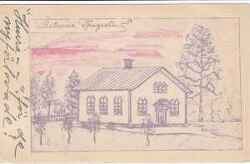En teckning f�rest�llande baptistkapellet Betania. F�rsamlingen uppgick i Lekebergskyrkan 1990. Byggnaden har byggts om och till sedan motivet tecknades av och inrymmer nu ett screentryckeri - klicka f�r att f�rstora