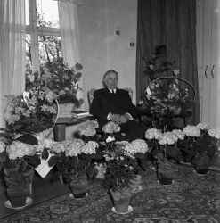 Man omgiven av blommor. Bilden �r troligen tagen i samband med en f�delsedag. - klicka f�r att f�rstora