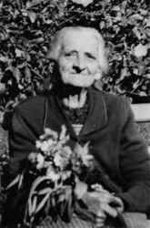 Gerda Krantz 85 �r gammal med blommor i famnen. Huggare, skald, hembygdsforskare och flitig resen�r - klicka f�r att f�rstora